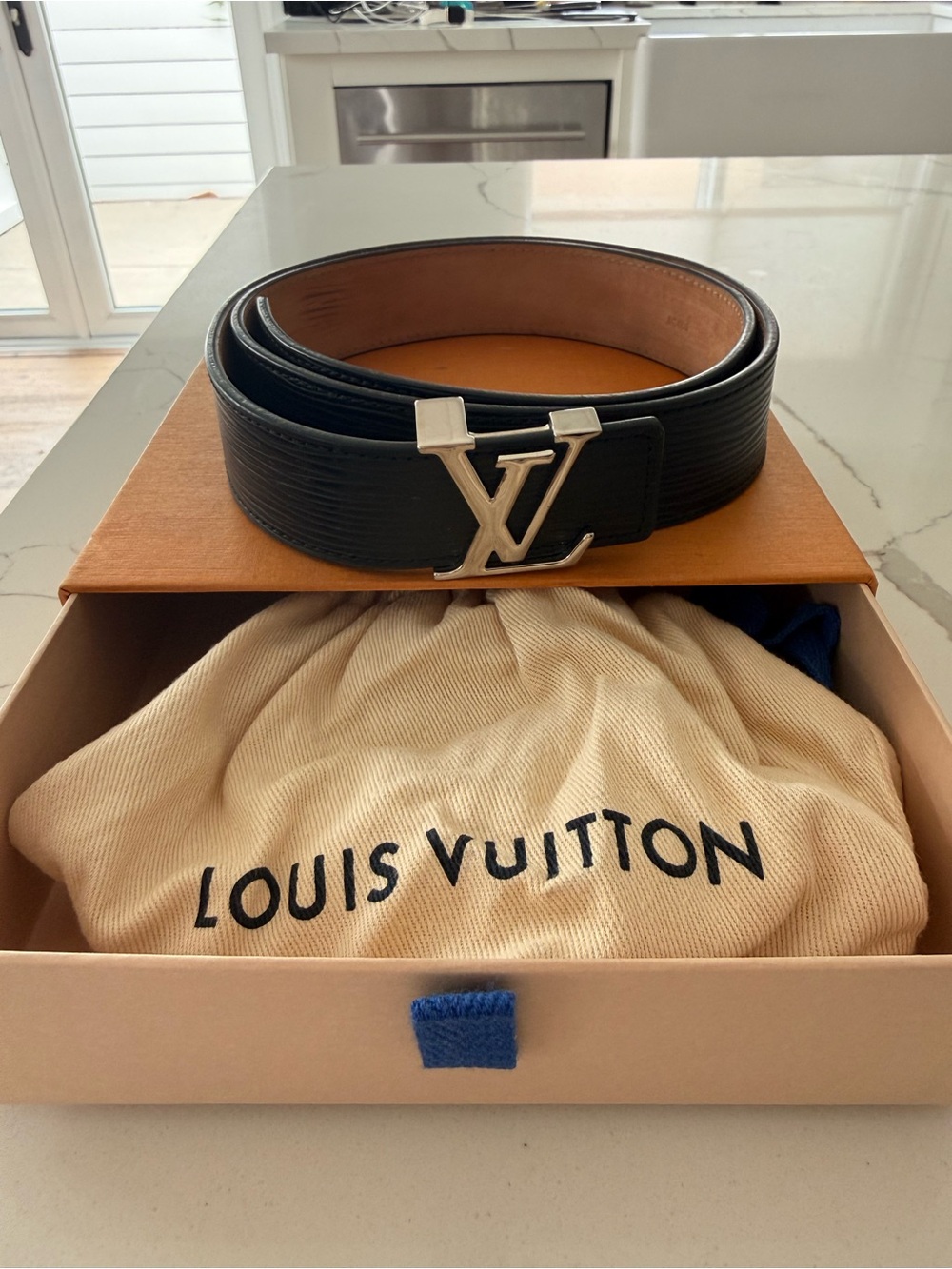 Louis Vuitton Black Epi Leather Belt with Silver LV Buckle